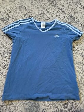adidas Blue Short-Sleeve V-Neck Tee with Light Blue Trim